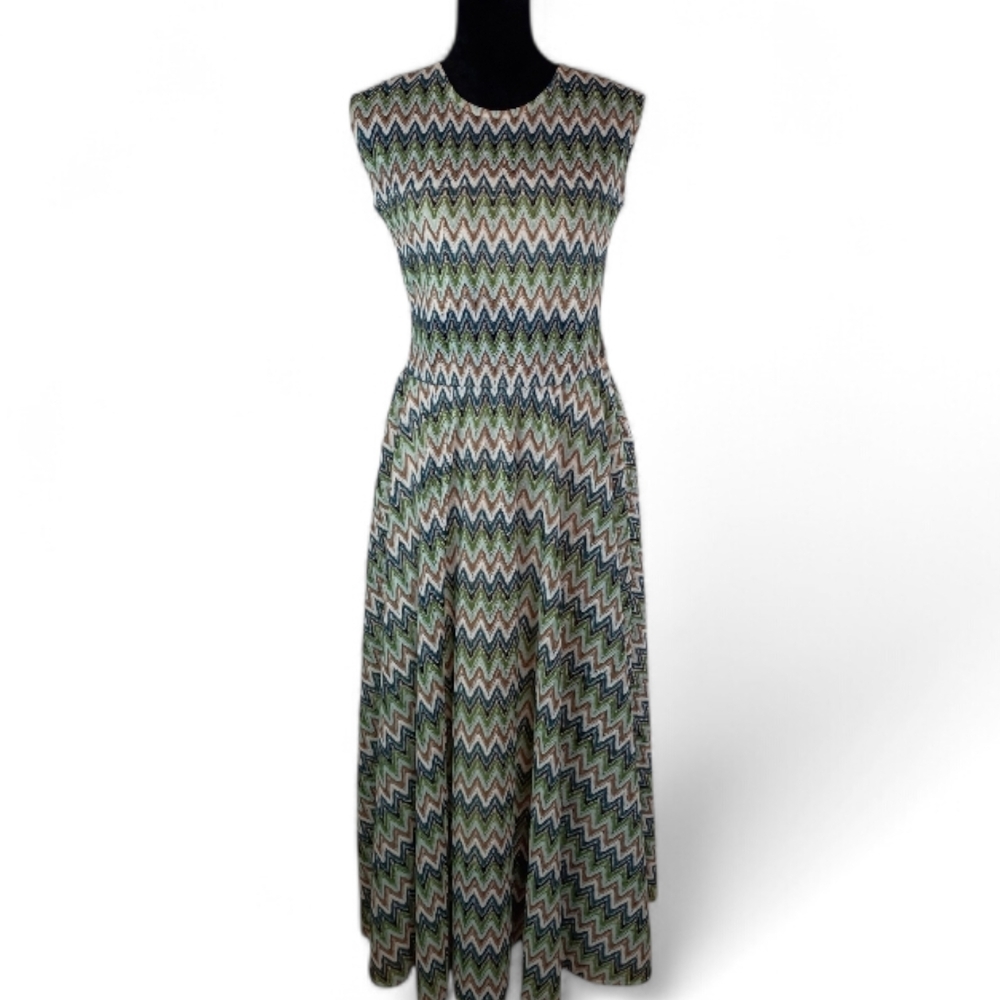BLUE TASSEL Women's Zigzag Patterned Maxi Dress Small Crocheted Green Teal